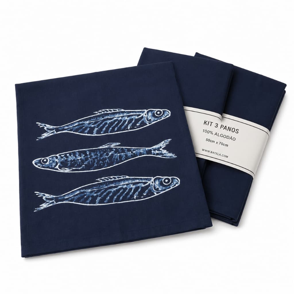 Kit 3 Panos de Prato Batela Estampa Peixes Azul Marinho para Cozinha