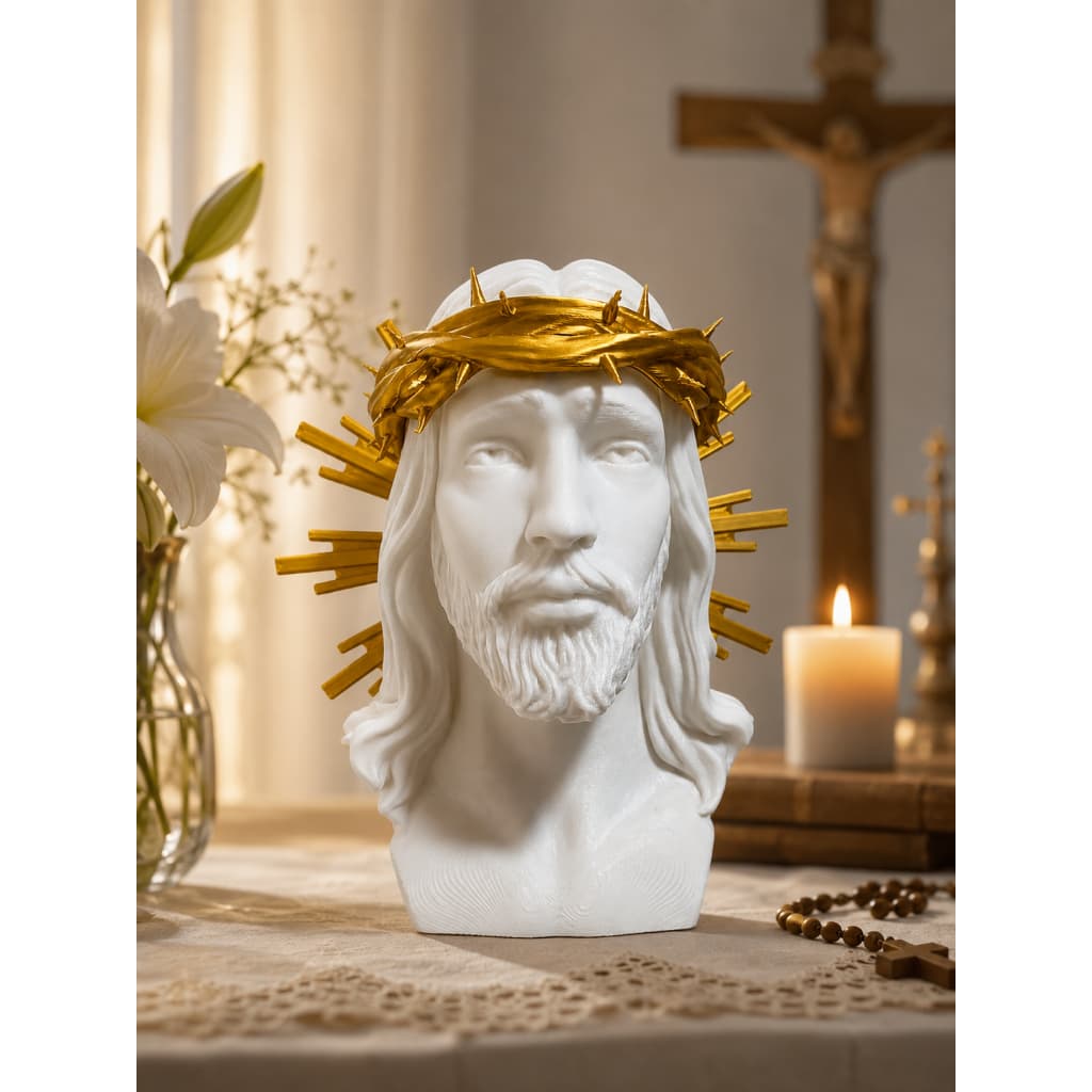 Busto Sagrado de Jesus Cristo 25cm Decorativo Luxo Branco e Dourado para Altar Capela Sala Oração Presente Católico