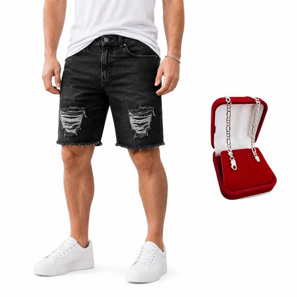 Shorts Jeans Rasgado Mauricinho Barra Desfiada + Pulseira Masculina Alta Qualidade
