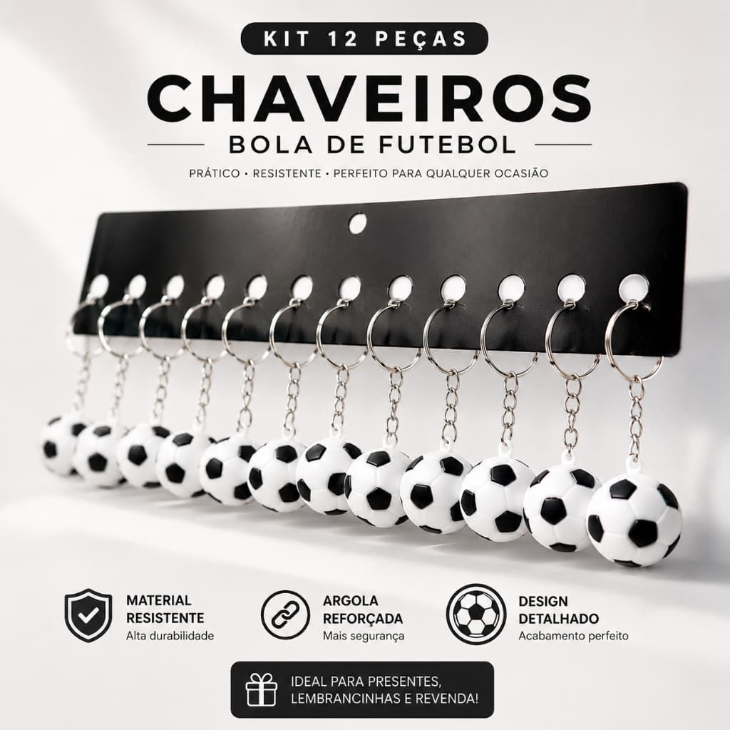 Kit com 12 Chaveiros Bola de Futebol