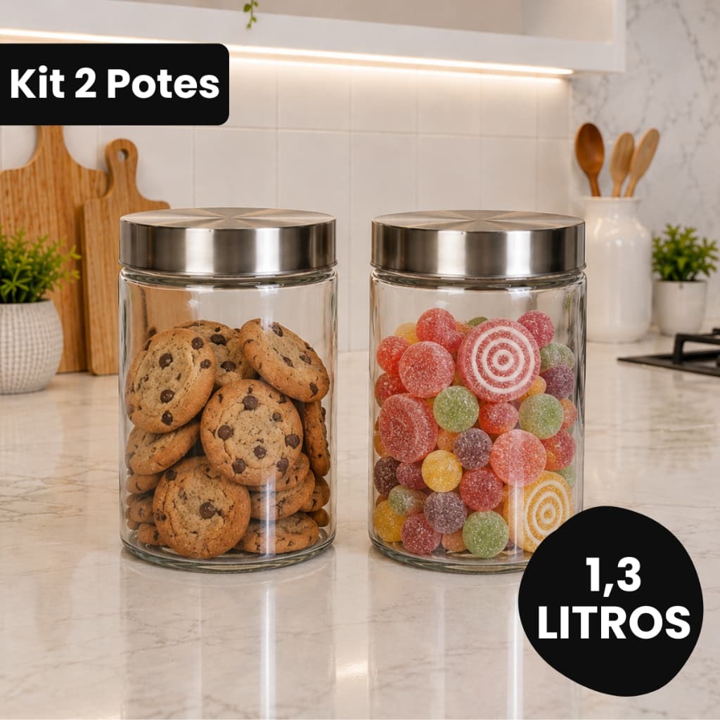 Kit 2 Potes De Vidro Redondo Com Tampa De Rosca Inox 1,3L Resistente