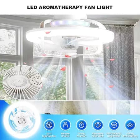 Lampada LED com Ventilador de teto 360º +Controle Remoto e Luz RGB e Aromaterapia para Pequenos Espaços Modelo NOVO