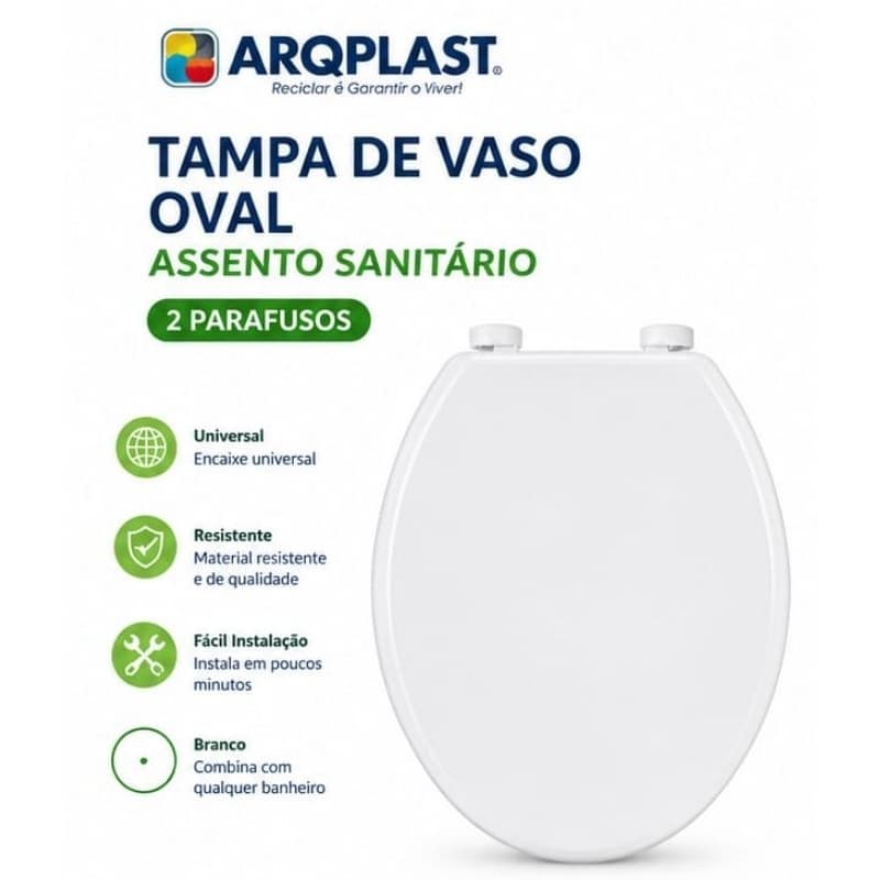 Assento Sanitário Oval Universal ARQPLAST Branco 2 Parafusos Tampa de Vaso Resistente Fácil Instalação