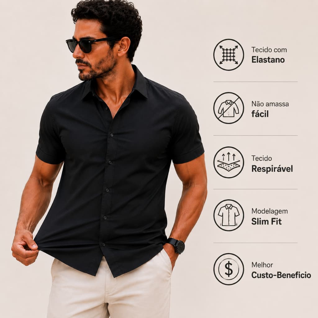 Camisa Social Masculina algodão Com Elastano Slim Fit Luxo Manga Curta Dia dos Pais