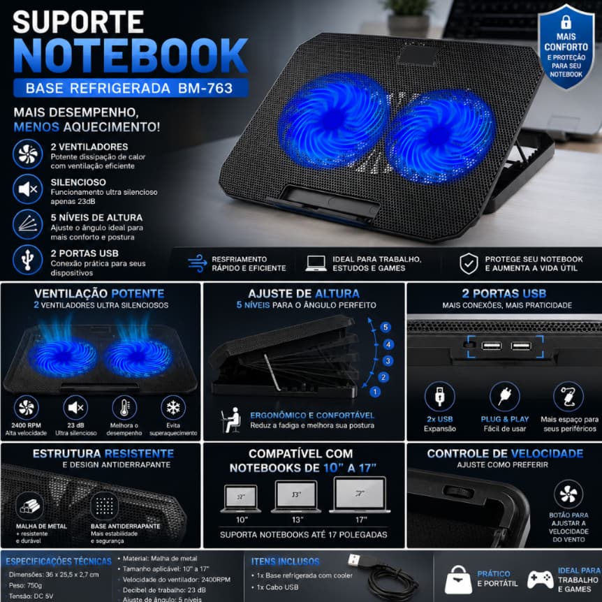 SUPORTE NOTEBOOK - Base Refrigerada Ventilação Silenciosa BM-763
