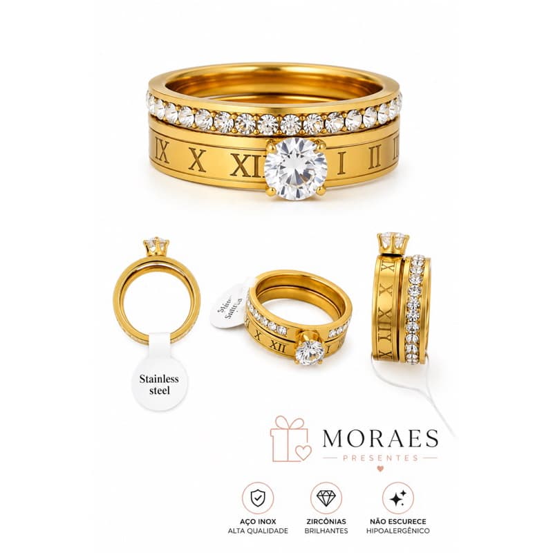 💍 Anel dourado em aço inox com zircônias e números romanos. Não escurece. Tam. 16 ao 21. ✨