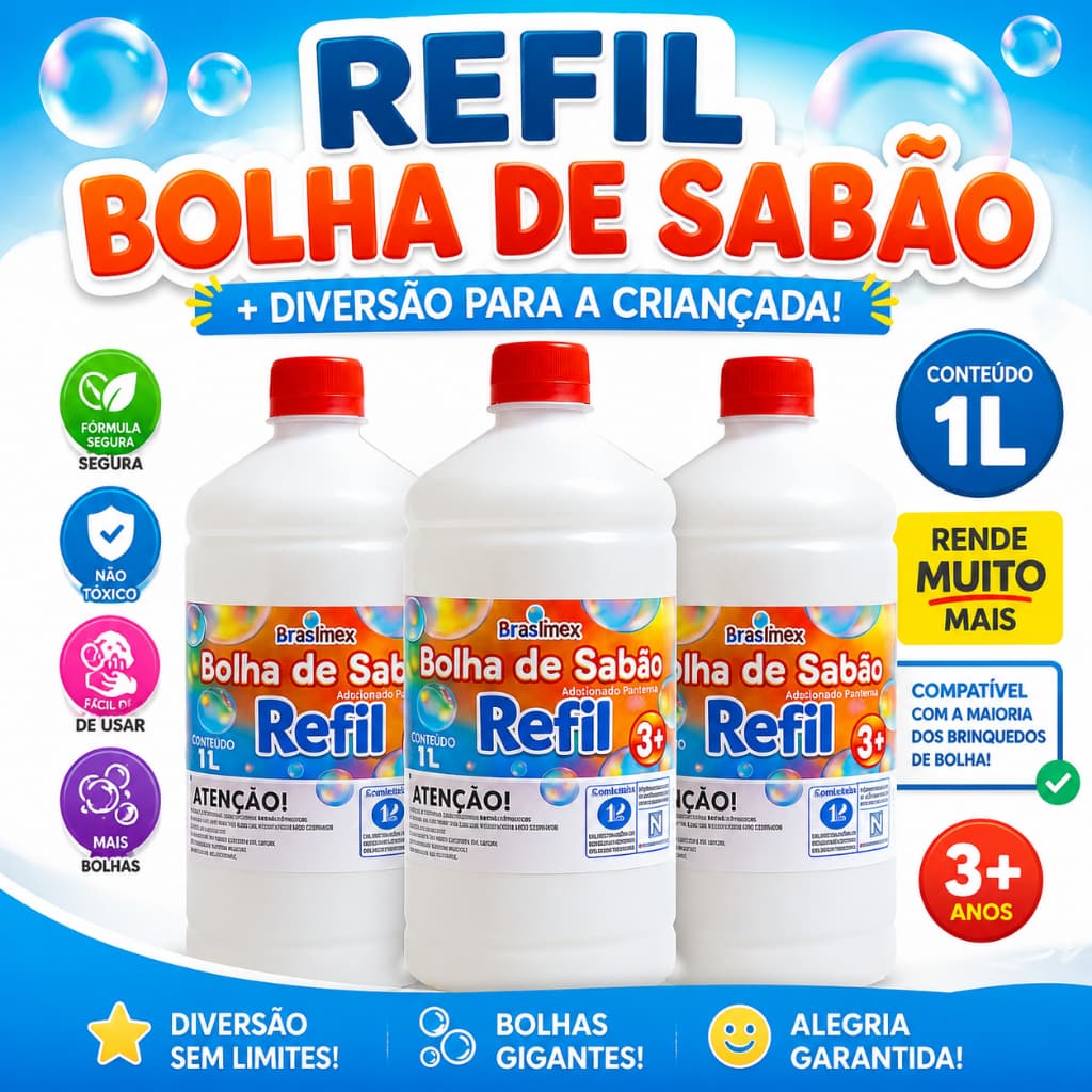 Refil Bolha de Sabão 1L Brasilflex Líquido para Lança Bolhas Infantil Original 1, 2, 3 e 4 Unidades