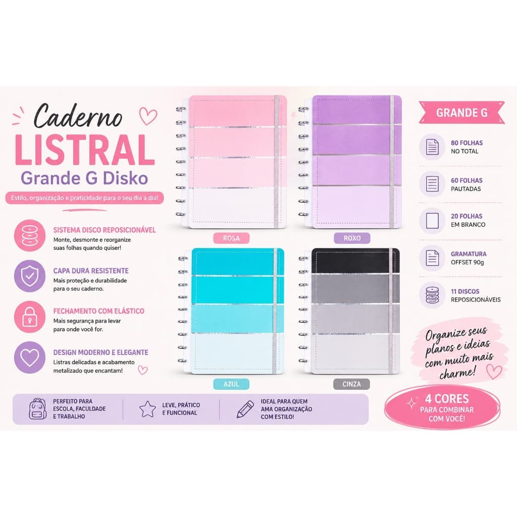 CADERNO DISKÔ LISTRAL 4 Cores G 11 DISCOS METALIZADOS