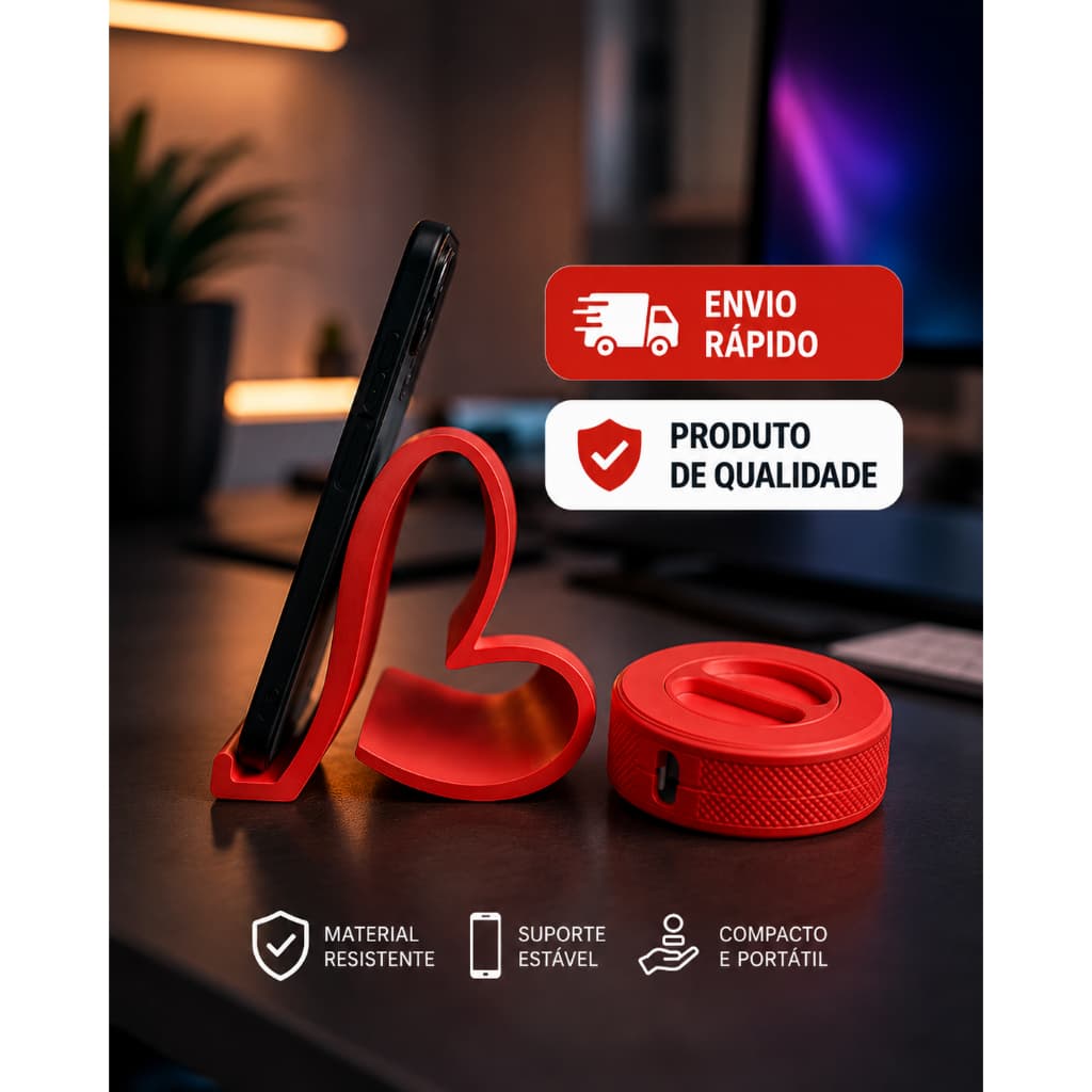 Suporte para Celular em Formato de Coração Kit Organize Seu Setup, Suporte para Celular e Organizador de Cabos