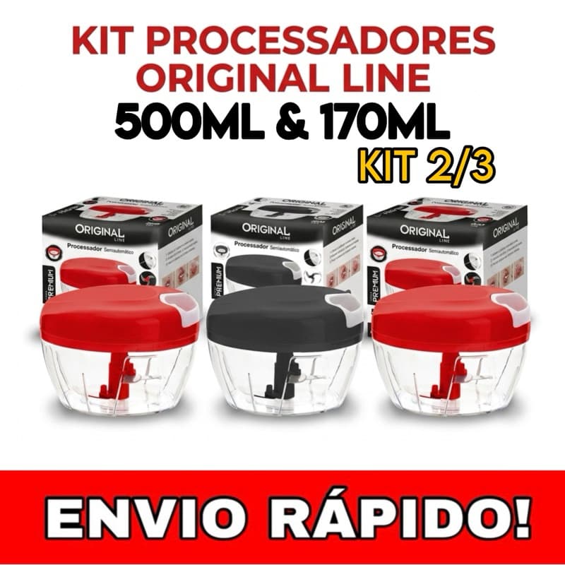 KIT 1|2|3 PROCESSADORES DE ALIMENTO 170ml ou 500ml ORIGINAL LINE PRETO E VERMELHO