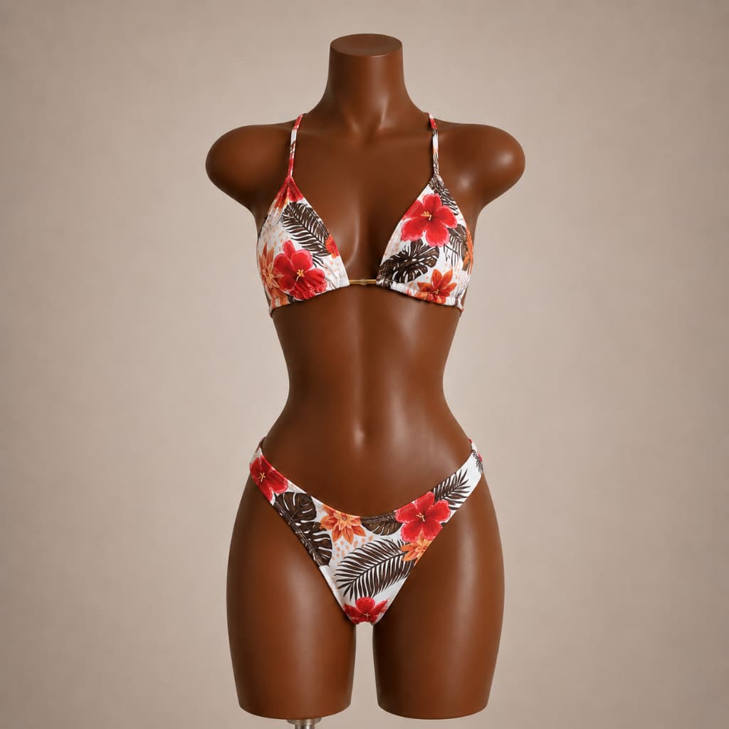 Conjunto Biquíni Cortininha + Shortinho | Look Feminino Praia Verão Estiloso e Colorido Estampa Flores Vermelha Trikini