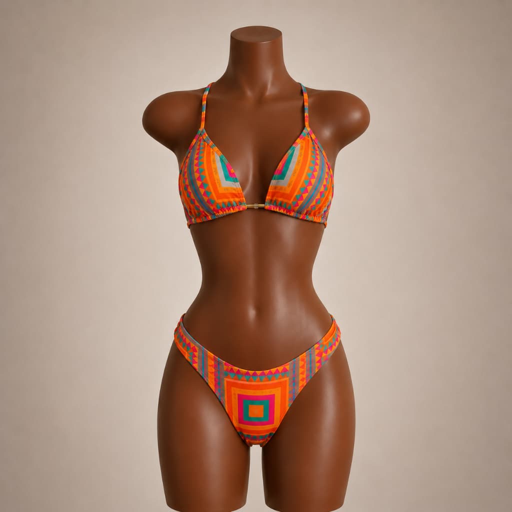 Conjunto Biquíni Cortininha + Shortinho | Look Feminino Praia Verão Estiloso e Colorido Estampa LARANJAGEOMETRIC Trikini