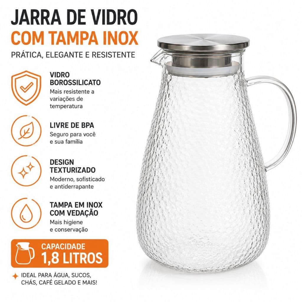 Jarra de Vidro Borossilicato Twinkle com Tampa de Aço Inox 1,8L - Alta Resistência e Design Elegante