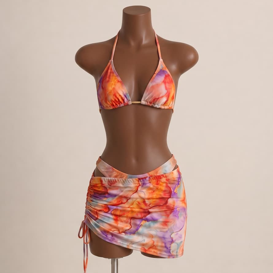 Conjunto Biquíni Cortininha + Saia | Look Feminino Praia Verão Colorido Tay Day Laranja 3 Peças Verão