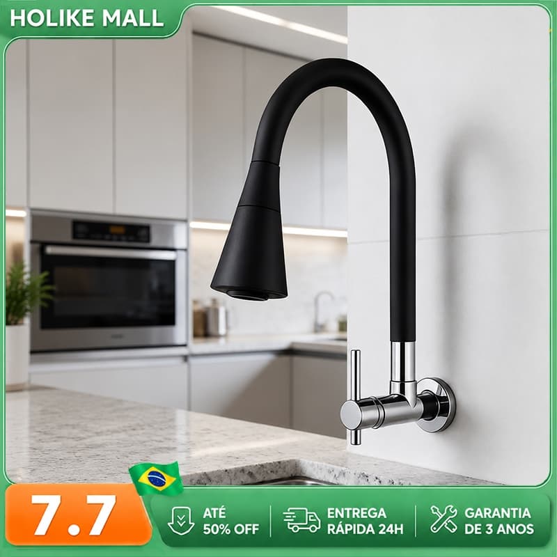 Torneira Gourmet Cozinha Preta Flexível Para Pia e Bancada Mármore 2 Jatos 1/4 Volta