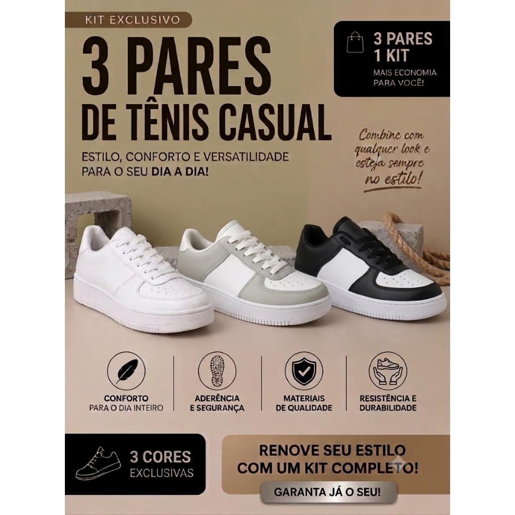Kit 3 Pares Tênis Casual Estiloso e Versátil para Todas as Ocasiões 34 a 39