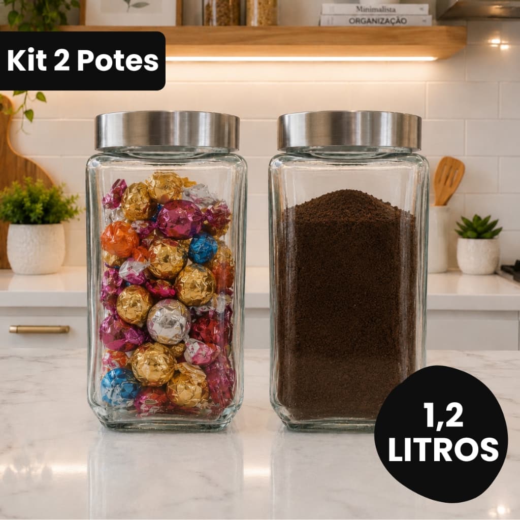 Kit Conjunto 2 Pote de Vidro 1,2L Quadrado Com Tampa Rosca Inox Resistente