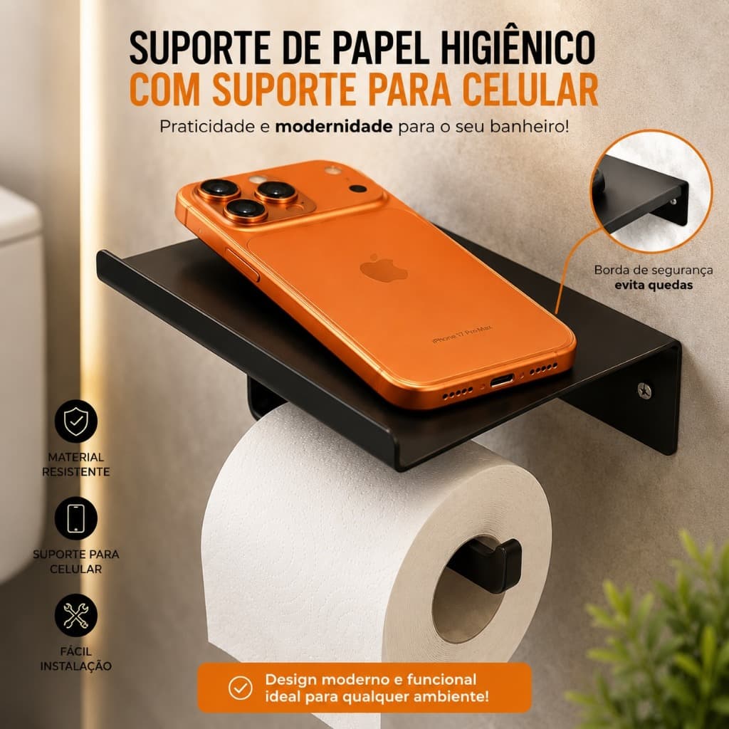 Porta Papel Higiênico Preto Fosco Com Apoio Para Celular