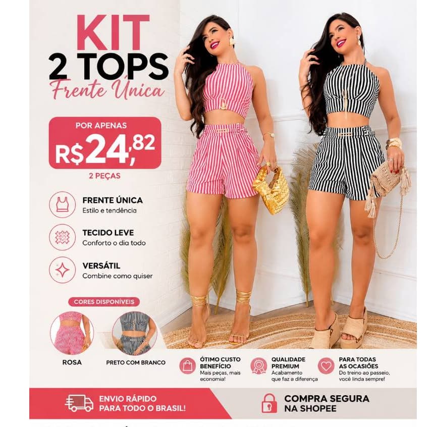 KIT 2 TOPS FRENTE ÚNICA FEMININA SUMMER VERÃO FÉRIAS