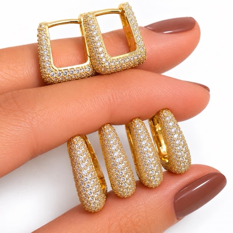 Trio Brincos Argola Triângulo Cravejado Zircônia Banhado a Ouro 18k