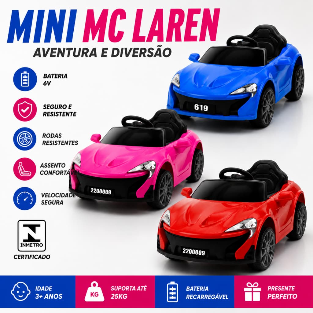 Carro Elétrico Infantil 6V Mini Mc Laren Esportivo Recarregável Com Bateria Crianças 3 Ano Azul Rosa