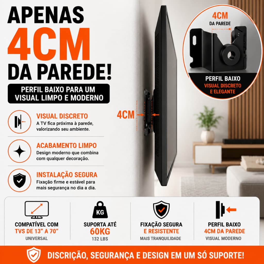 Suporte de Parede TV Universal Fixo 13 a 70 Polegadas Até 60kg Compatível com Smart TV