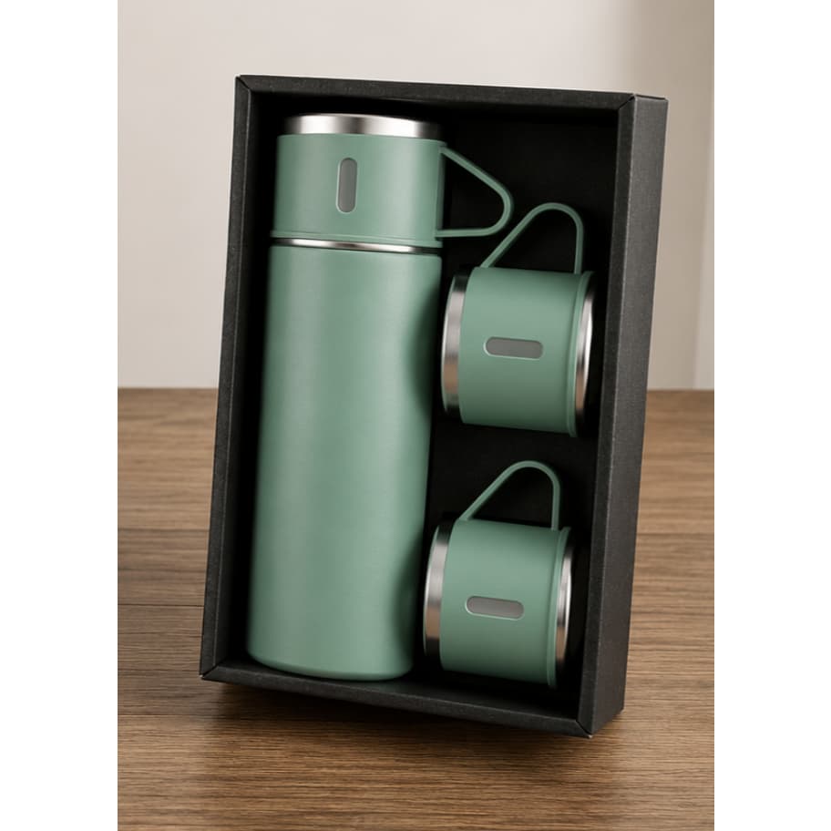 Kit Garrafa Térmica Aço Inox 400ml com 3 Canecas  Verde Água – Presente Premium