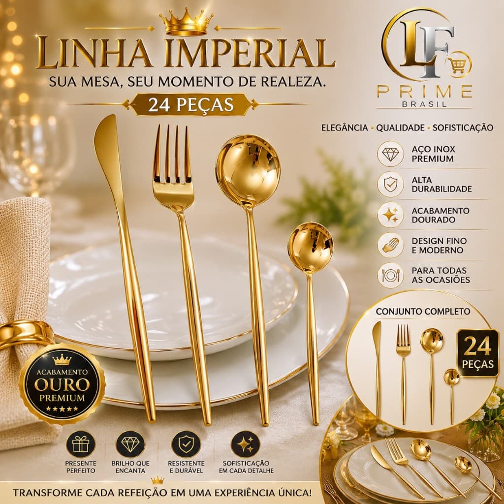 Conjunto Talheres 24 Pecas Dourado Inox Luxo Refeicao Completa Utensilios Mesa