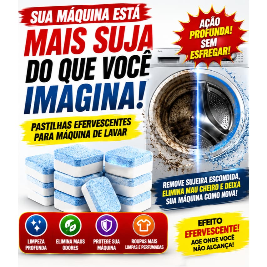 Kit Pastilhas Efervescentes Limpa Máquina de Lavar Remove Mau Cheiro e Resíduos 12 24 36 Unidaes