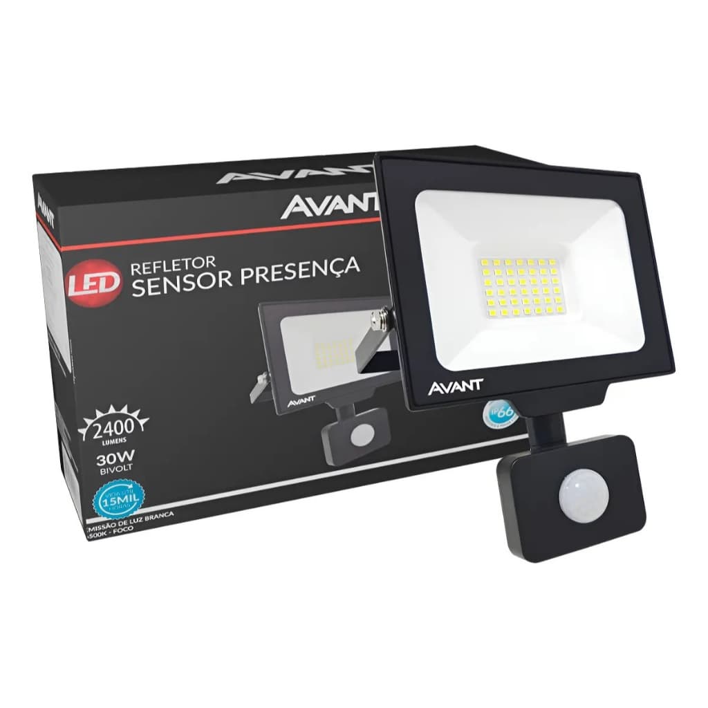 Refletor Led Com Sensor Presença 30w 2800lm 6500k Ip66 Avant.