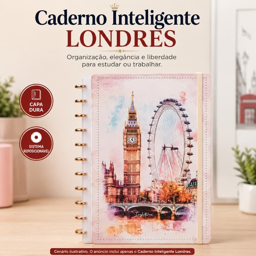 Caderno Inteligente Londres Grande A4 Capa Dura Disco Reposicionável 80 Folhas