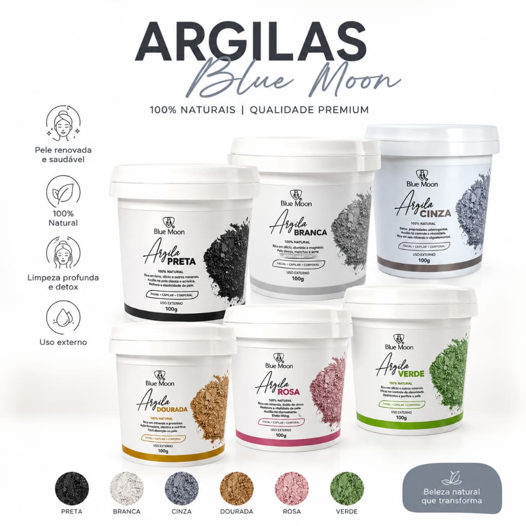 Argilas Faciais e Corporais para tratamento BLUE Moon - 100% Natural 100g