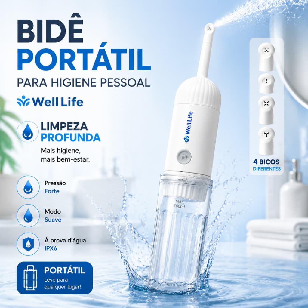 Bidê Portátil Elétrico 4 em 1 com Jato Potente, Higiene Íntima Completa,Uso Doméstico e Viagem 260ml
