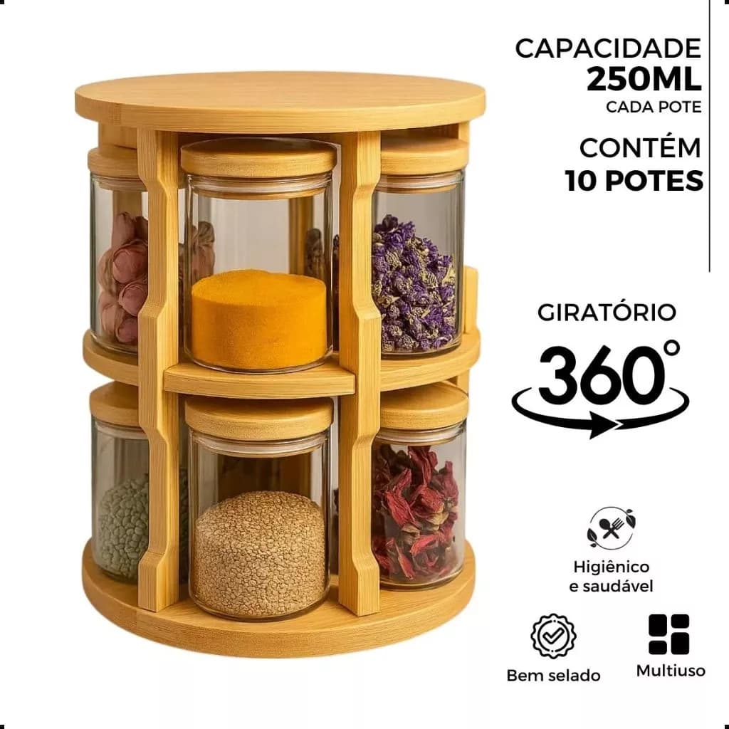 Porta Temperos Condimento Giratório 10 Potes Vidro Tampa Bambu Hermético 250ML Suporte Organizador