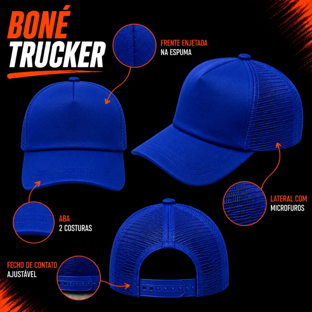 BONE LISO ESPUMADO TRUCK TELA REDE ROYAL Aba Curva Com Tela Regulado Ajustável Unissex Casual Premium Fabricação Própria