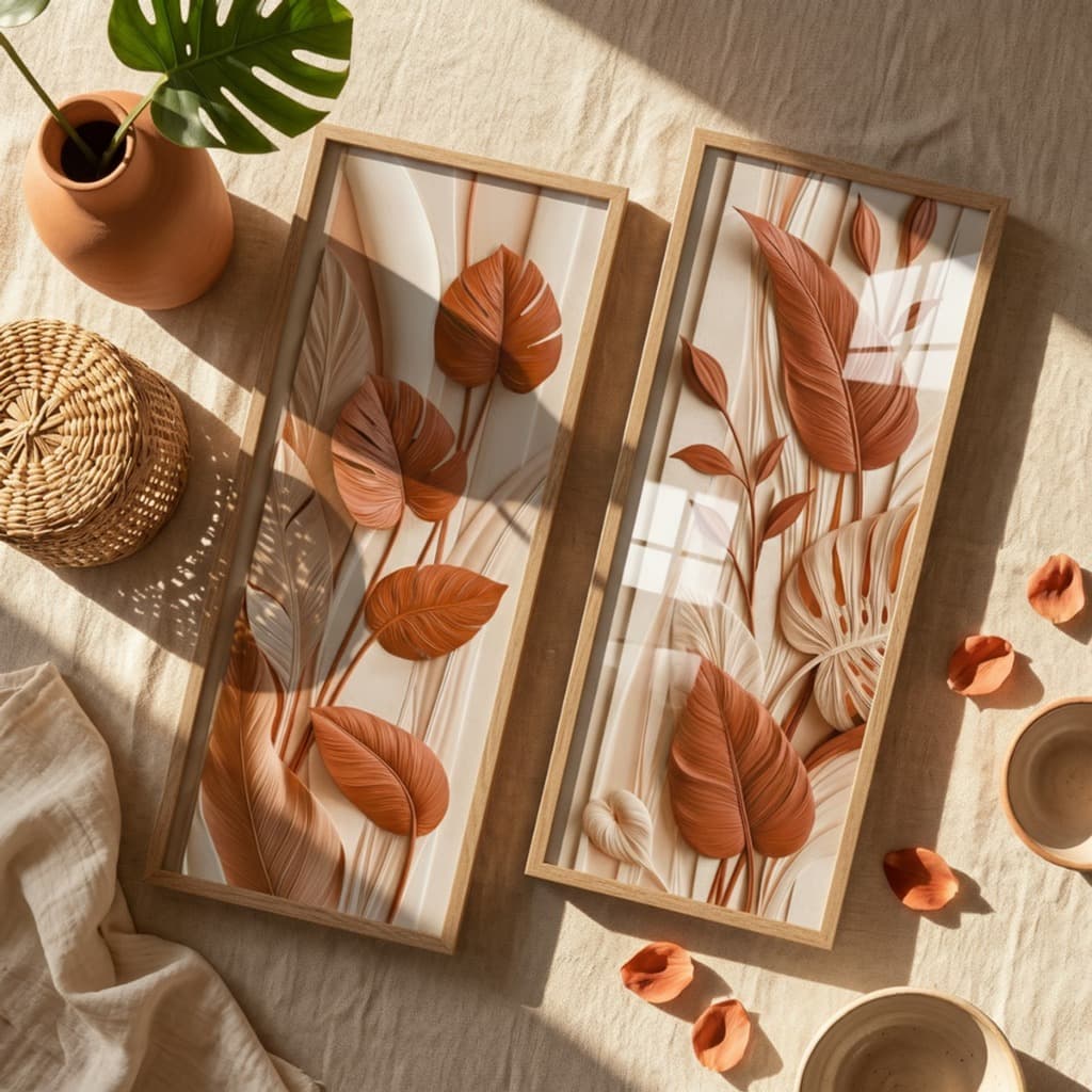 Kit 2 Quadros Decorativos Folhas Tropicais 18x45 Sala Quarto Terracota Boho Moderno Moldura Smart Deco