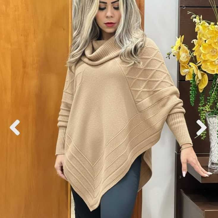 Poncho Feminino Trico em Gola Alta Casaco Lã Inverno