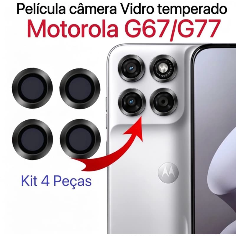 Kit 4 peças Película Câmera Para Motorola G67 / G77 Anel De Metal protetor lente Anti Risco Protetor