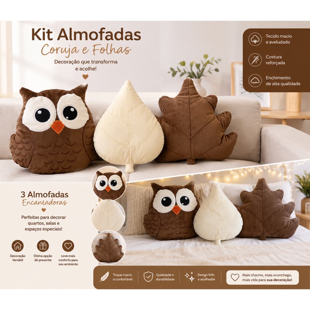 Kit Almofadas Coruja e Folhas Decorativas Infantil 20x20cm – Outono