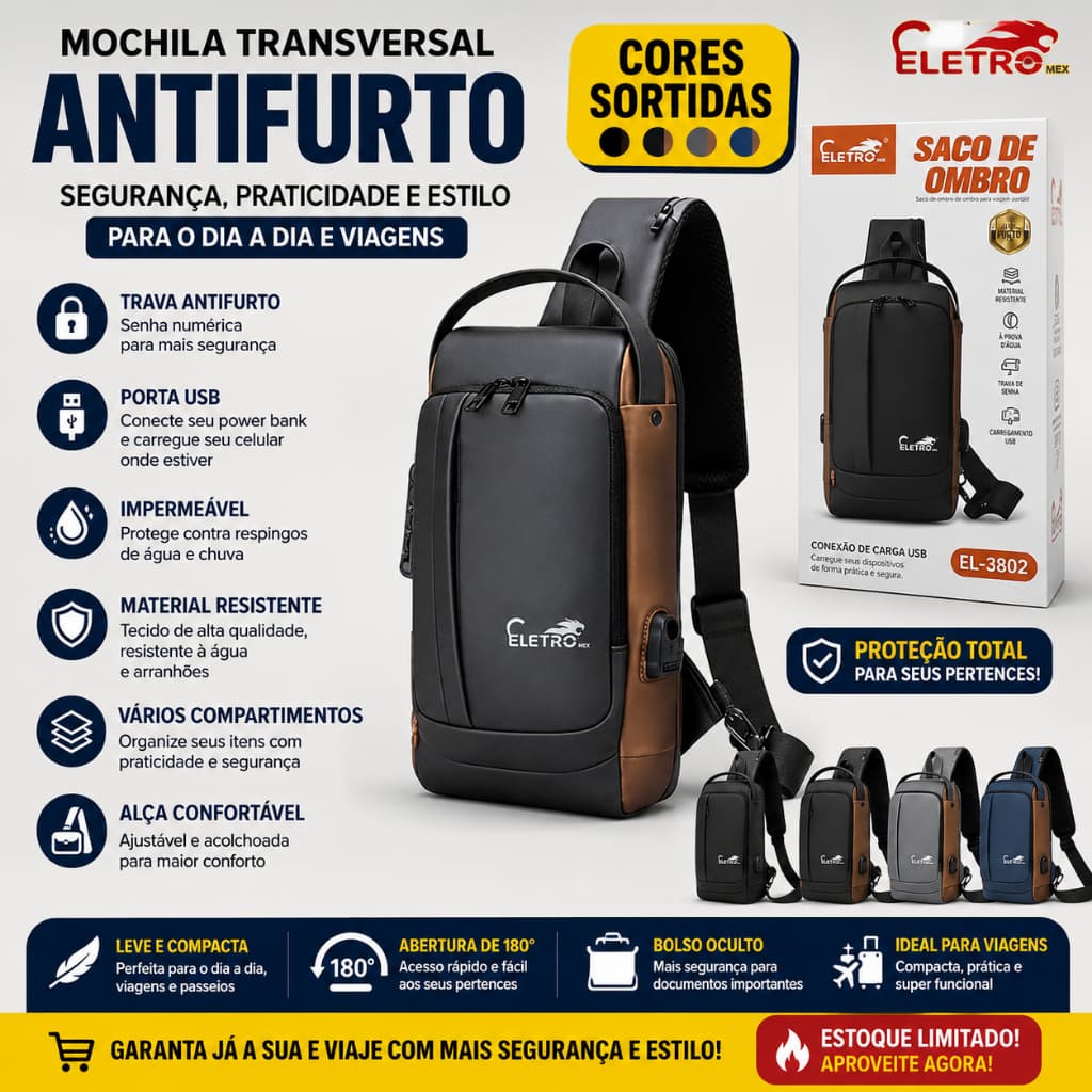Mochila Transversal Antifurto Masculina Feminina Impermeável Viagem USB Cores Sortidas