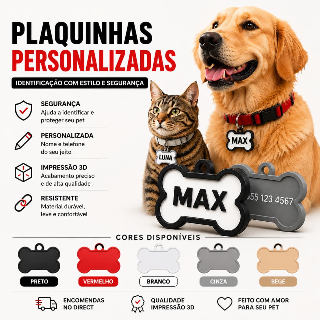 Plaquinha de Identificação Pet Personalizada para Cachorro e Gato Impressão 3D