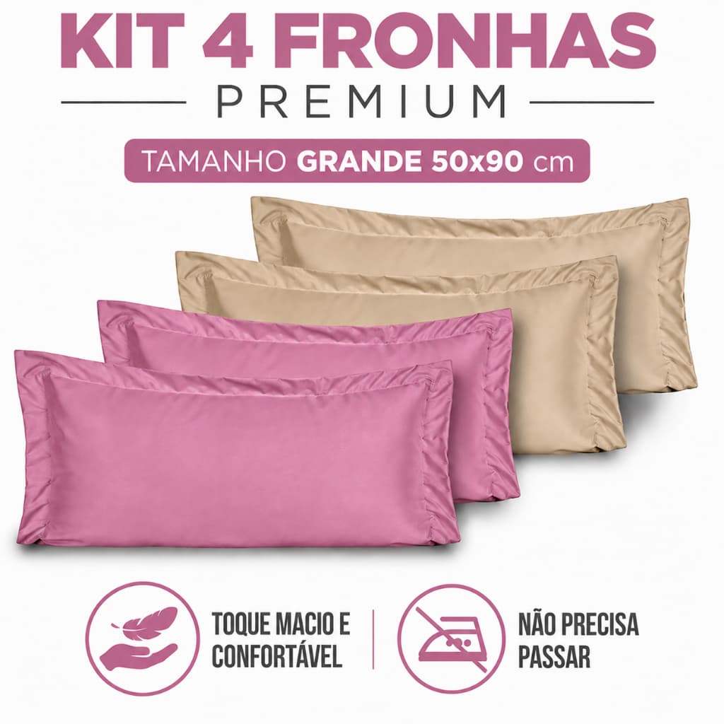 Kit 4 Fronhas Premium c/Abas Travesseiro Grande King 90x50cm Percal 400 Fios-Ideal para Decoração