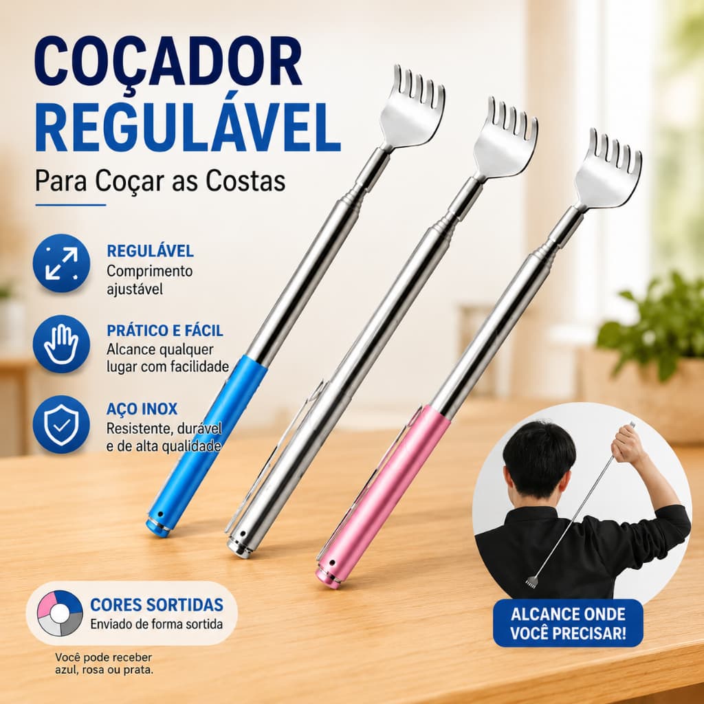 Coçador Regulável para Coçar as Costas em Aço Inox Mãozinha Retrátil