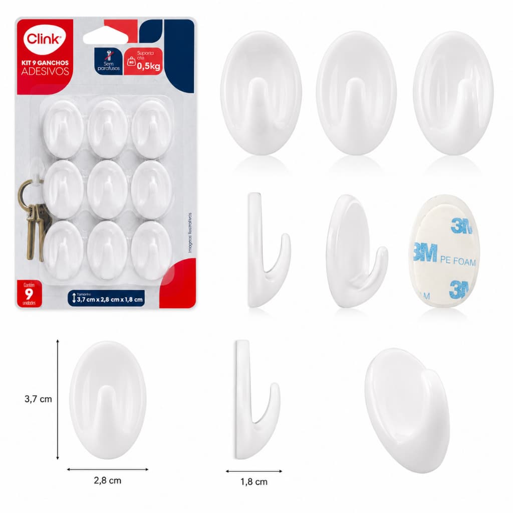 Kit 9 Ganchos Adesivos Clink Para Parede Suporte Forte Branco