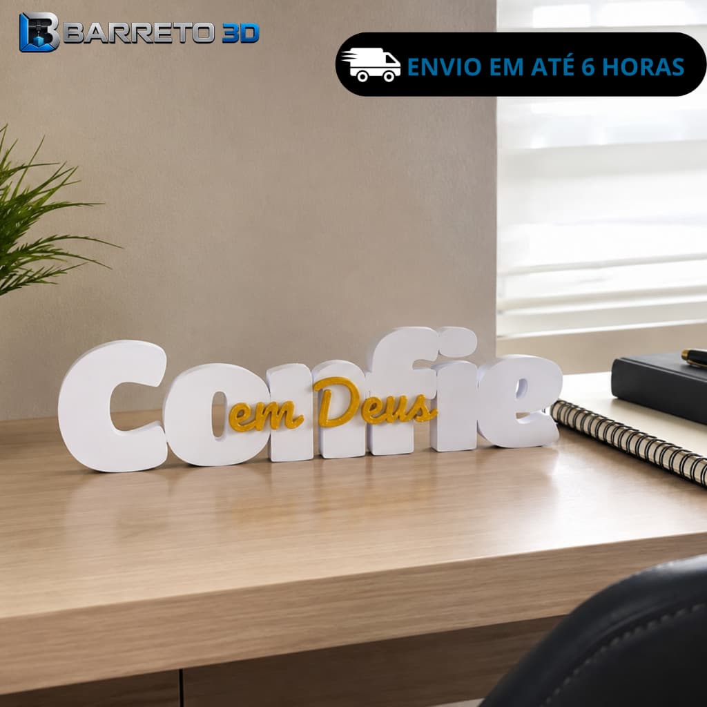 Letreiro Decorativo Confie em Deus 3D Mesa Decoração Cristã Branco e Dourado