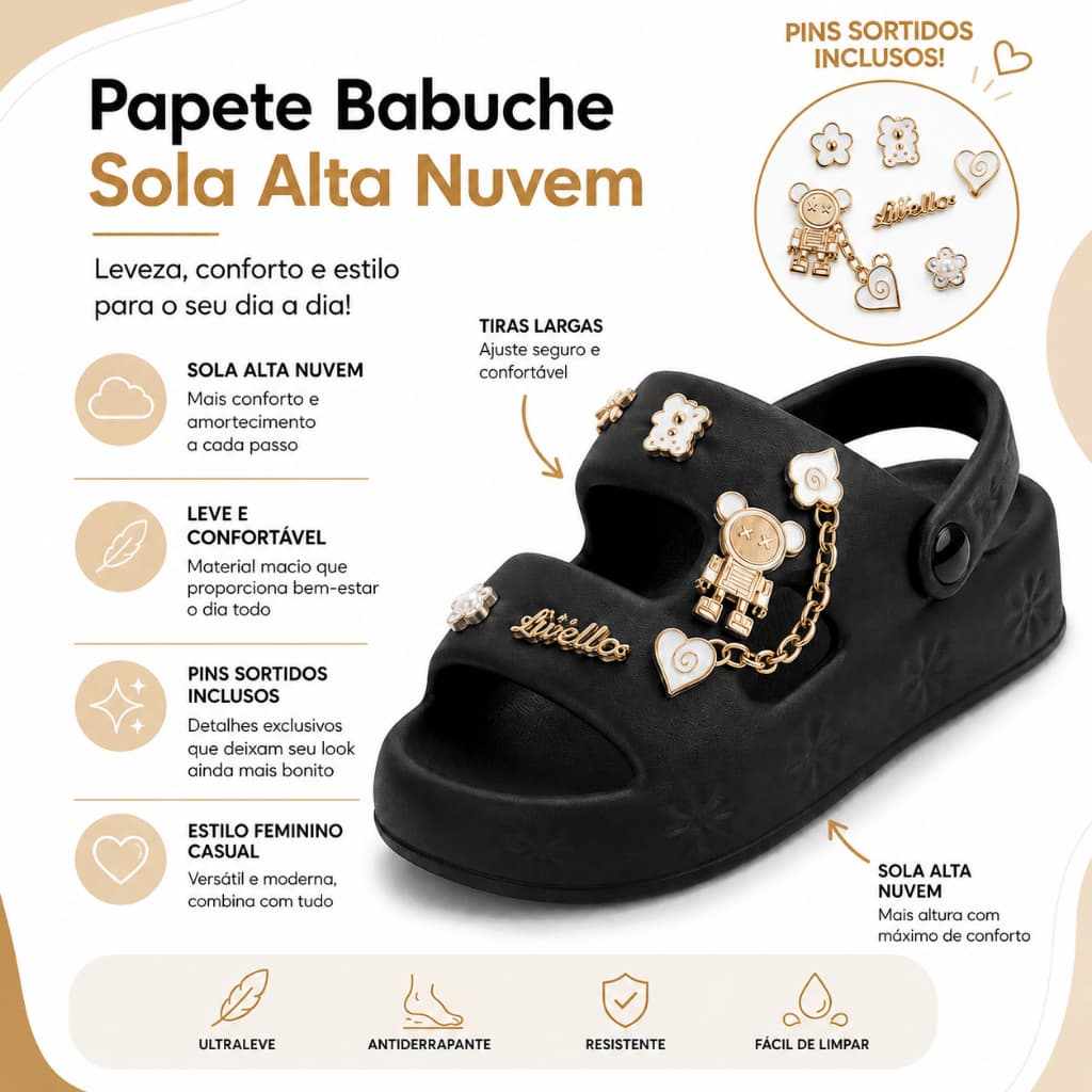 Papete Babuche Feminina Plataforma Nuvem EVA Leve com Pins