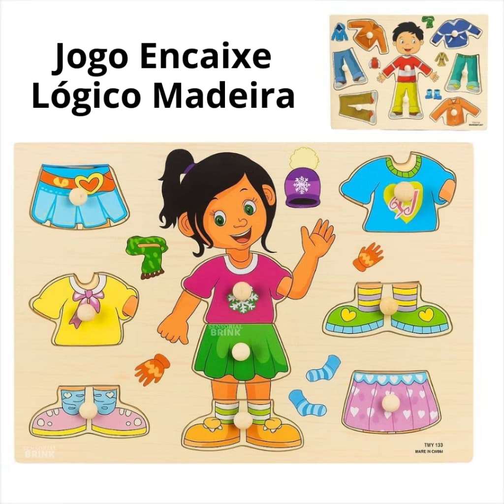Quebra-Cabeça de Madeira  - Brinquedo de Encaixe - Menina e Menino Trocando Roupas  - Montensori