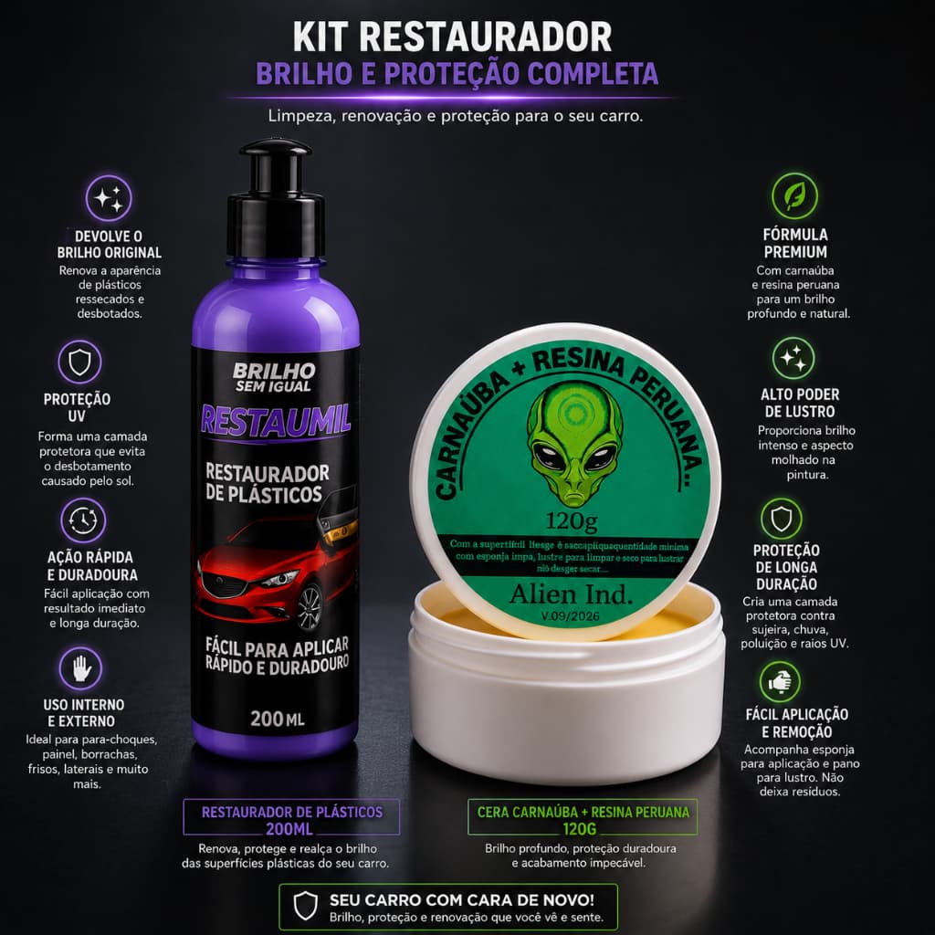Kit Cera Automotiva Carnaúba Espelhamento Cerâmico Polimento + Restaurador de Plásticos