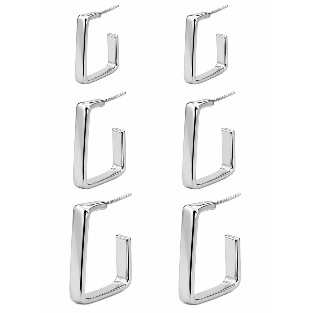 Trio de Brincos Argolas Quadradas 3 Tamanhos Folheado Ouro 18K ou Prata Feminino