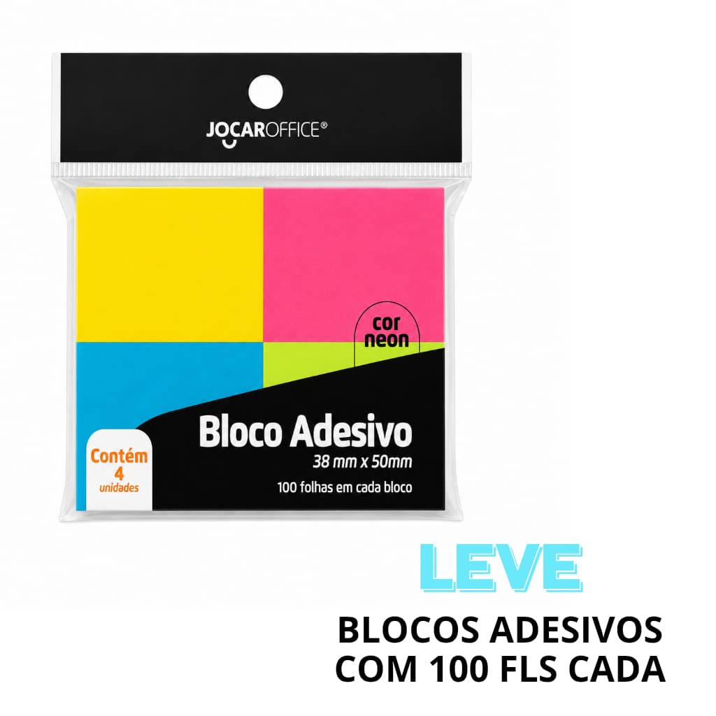 Bloco Adesivo Neon 38 mm por 50 mm com 4 blocos 100 fls cada Jocar Office